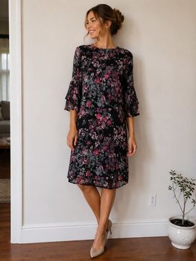 Sharagano Black Midi Dress with Pink and Gray Floral Print